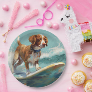 Brittany Spaniel Beach Surfing Painting  Paper Plate