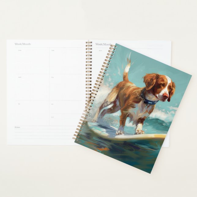 Brittany Spaniel Beach Surfing Painting  Planner (Display)
