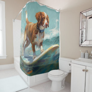 Brittany Spaniel Beach Surfing Painting  Shower Curtain