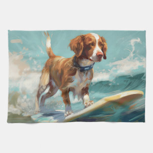 Brittany Spaniel Beach Surfing Painting  Tea Towel