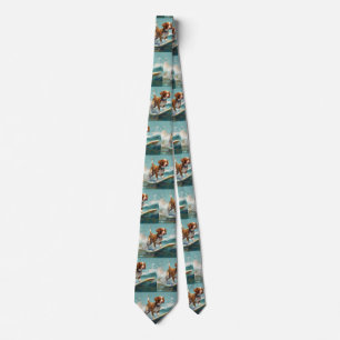 Brittany Spaniel Beach Surfing Painting  Tie