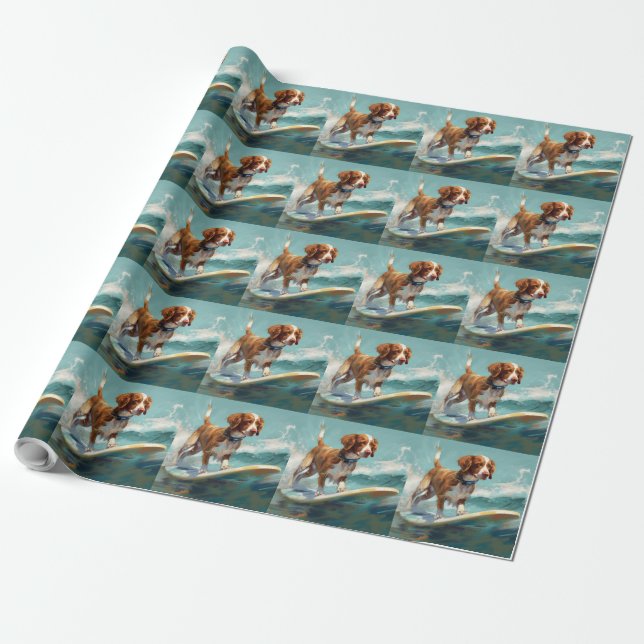 Brittany Spaniel Beach Surfing Painting  Wrapping Paper (Unrolled)