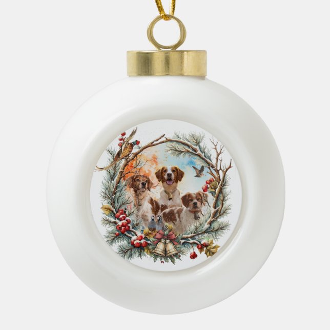  Brittany Spaniel Ceramic Ball Christmas Ornament (Front)