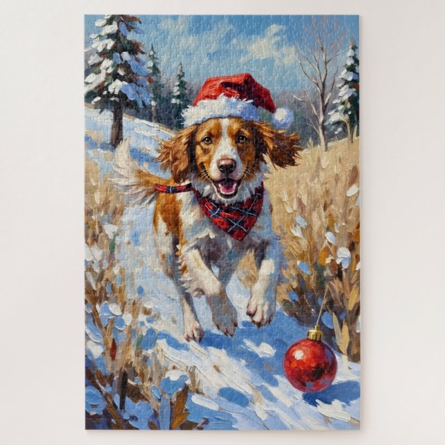 Brittany Spaniel Chasing Christmas Ornament Hat Jigsaw Puzzle (Vertical)