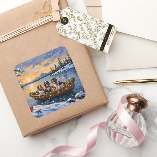 Brittany Spaniel Christmas Boat Holiday Square Sticker (Gifting)