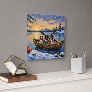 Brittany Spaniel Christmas Boat Holiday Square Wall Clock