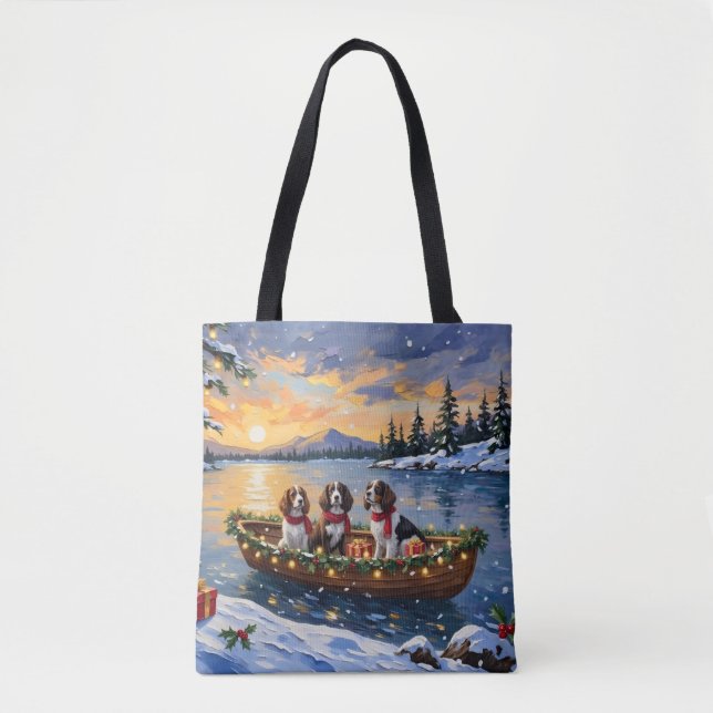 Brittany Spaniel Christmas Boat Holiday Tote Bag (Front)