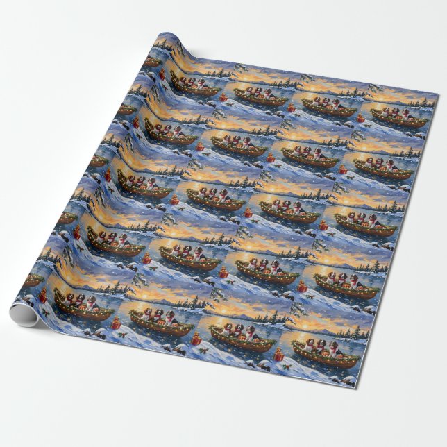 Brittany Spaniel Christmas Boat Holiday Wrapping Paper (Unrolled)