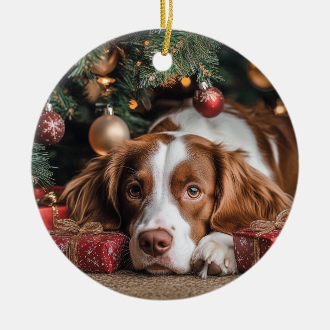 Brittany Spaniel Christmas Ceramic Tree Decoration (Front)