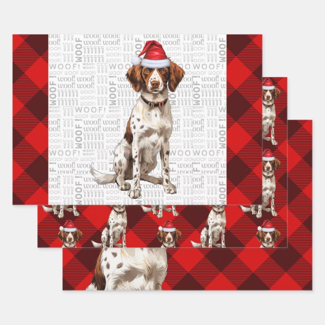 Brittany Spaniel Christmas Dog Red Buffalo Plaid Wrapping Paper Sheet (Set)