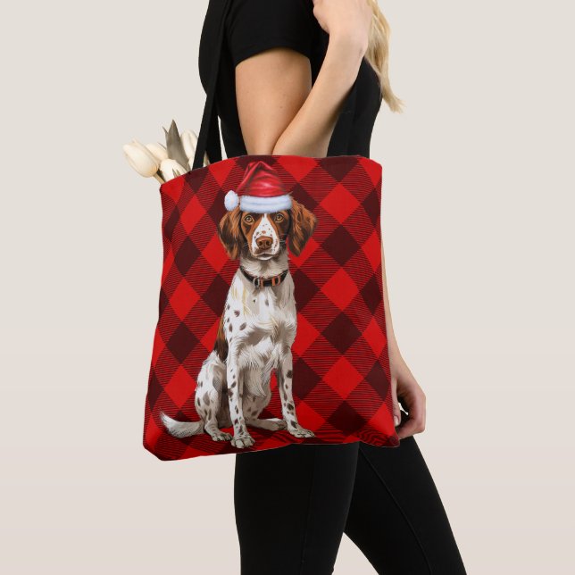 Brittany Spaniel Christmas Dog Red Seasonal Plaid Tote Bag (Close Up)