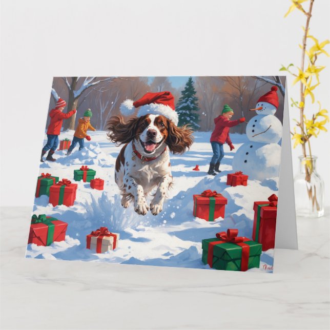 Brittany Spaniel Christmas Festive Snow Scene Card (Yellow Flower)