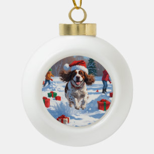 Brittany Spaniel Christmas Festive Snow Scene Ceramic Ball Christmas Ornament
