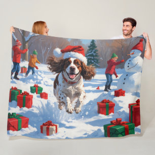 Brittany Spaniel Christmas Festive Snow Scene Fleece Blanket