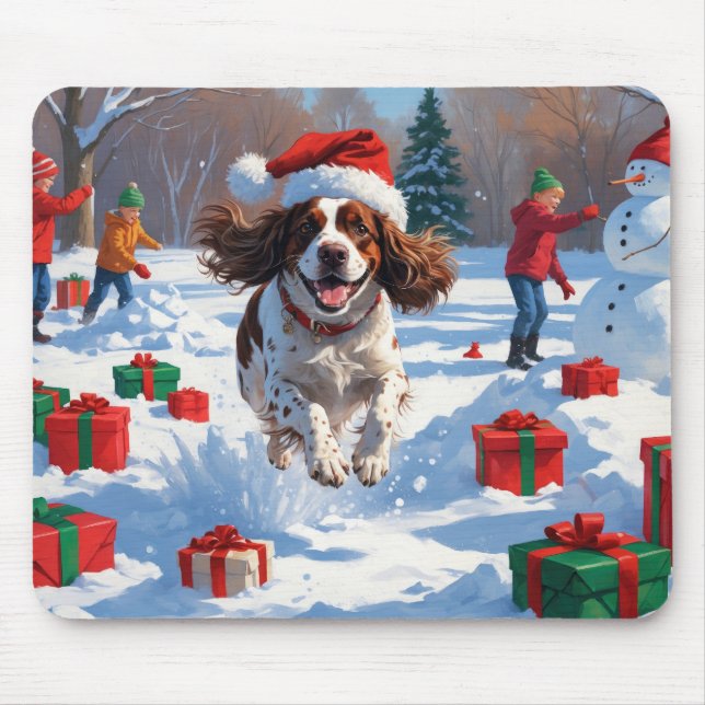 Brittany Spaniel Christmas Festive Snow Scene Mouse Mat (Front)