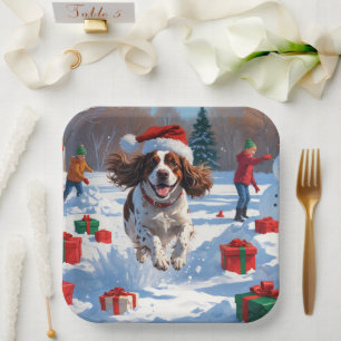 Brittany Spaniel Christmas Festive Snow Scene Paper Plate