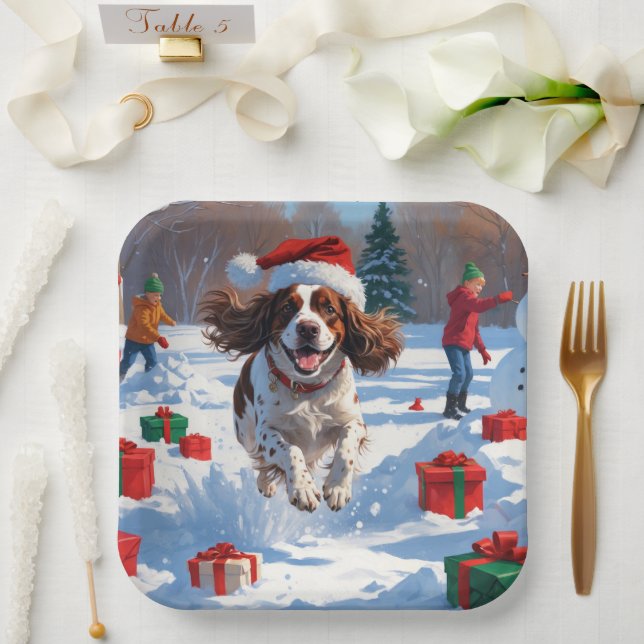 Brittany Spaniel Christmas Festive Snow Scene Paper Plate (Wedding)