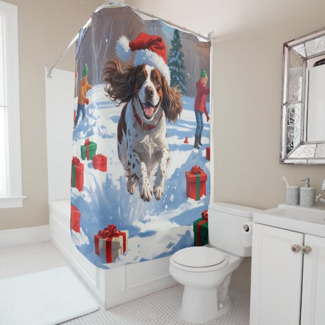 Brittany Spaniel Christmas Festive Snow Scene Shower Curtain (In Situ)
