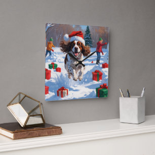 Brittany Spaniel Christmas Festive Snow Scene Square Wall Clock