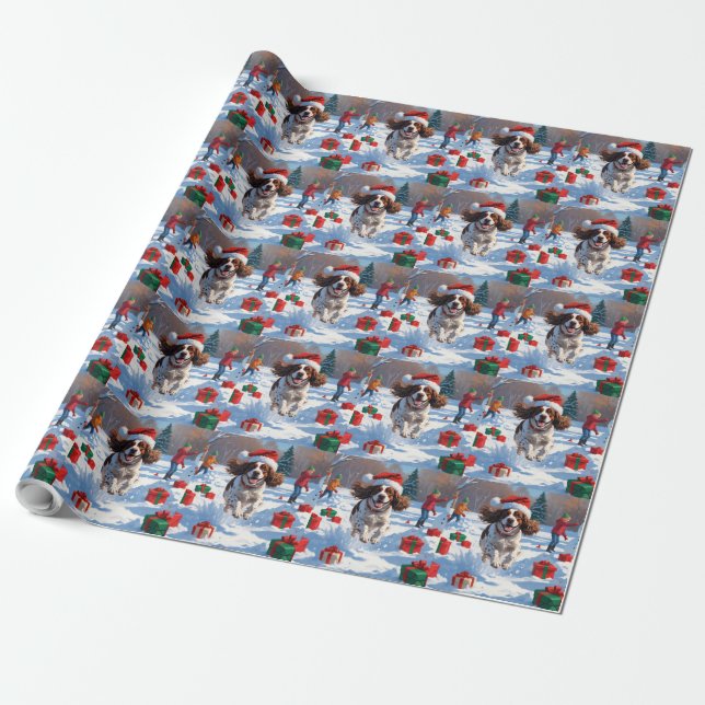 Brittany Spaniel Christmas Festive Snow Scene Wrapping Paper (Unrolled)
