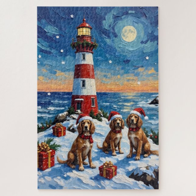 Brittany Spaniel Christmas Lighthouse Holiday Jigsaw Puzzle (Vertical)