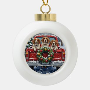 Brittany Spaniel Christmas Red Truck Holiday Ceramic Ball Christmas Ornament