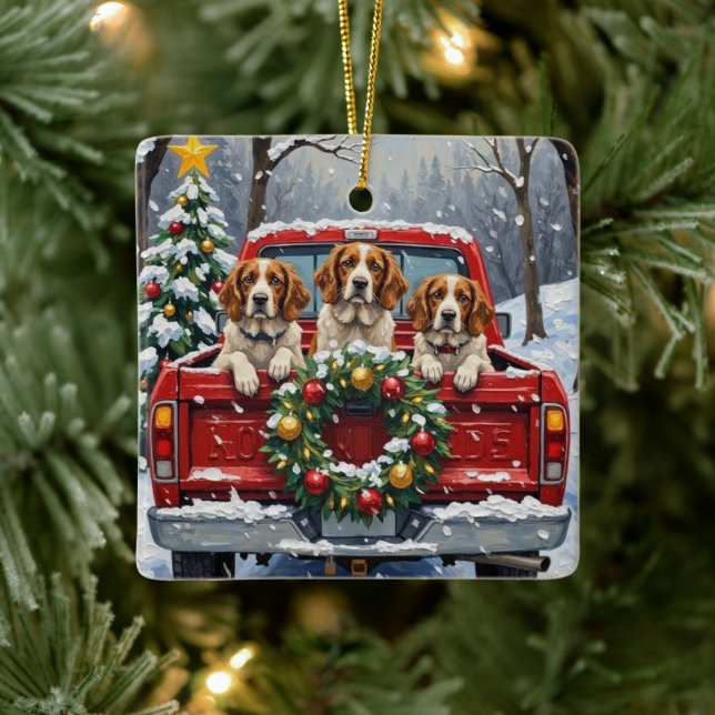 Brittany Spaniel Christmas Red Truck Holiday Ceramic Ornament (Tree)