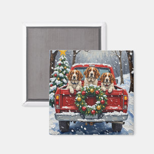 Brittany Spaniel Christmas Red Truck Holiday Magnet