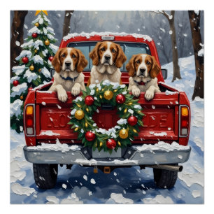 Brittany Spaniel Christmas Red Truck Holiday Poster