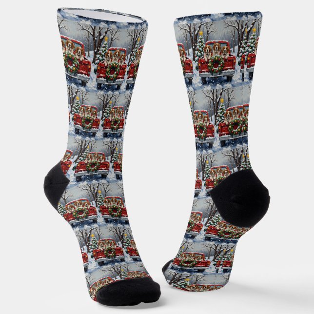 Brittany Spaniel Christmas Red Truck Holiday Socks (Angled)