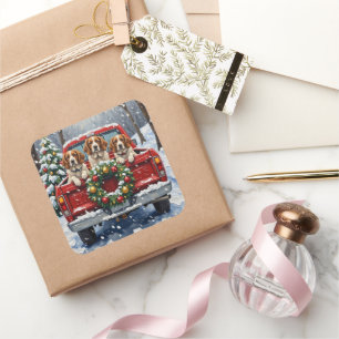 Brittany Spaniel Christmas Red Truck Holiday Square Sticker
