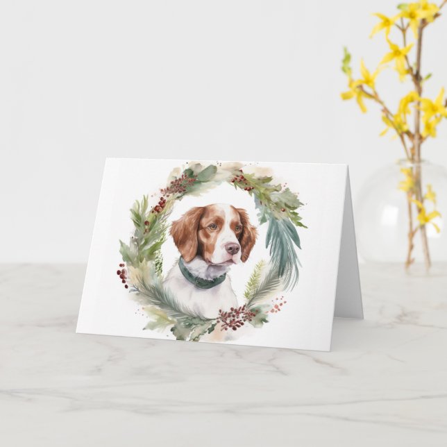 Brittany Spaniel Christmas Wreath Festive Pup Card (Yellow Flower)