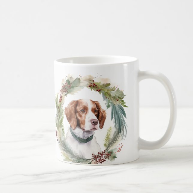 Brittany Spaniel Christmas Wreath Festive Pup Coffee Mug (Right)