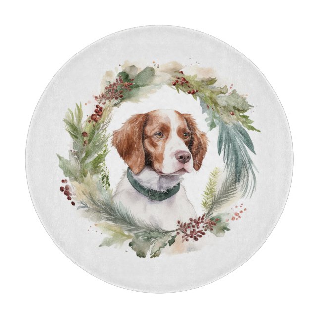 Brittany Spaniel Christmas Wreath Festive Pup Cutting Board (Front)