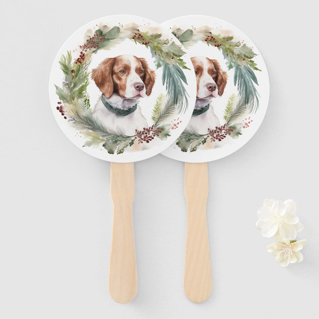 Brittany Spaniel Christmas Wreath Festive Pup Hand Fan (Front and Back)