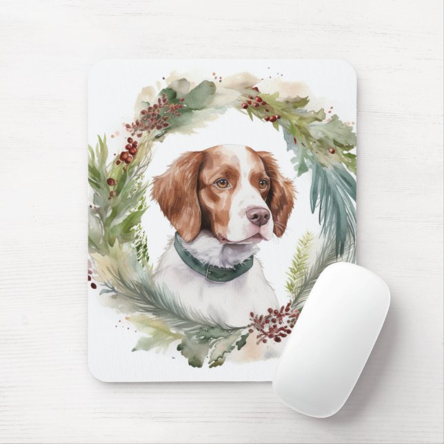 Brittany Spaniel Christmas Wreath Festive Pup Mouse Mat (With Mouse)