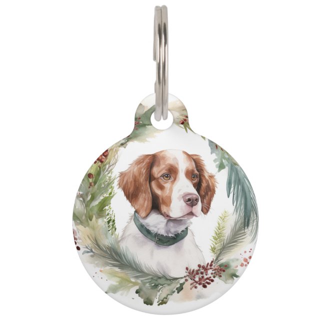 Brittany Spaniel Christmas Wreath Festive Pup Pet Tag (Front)
