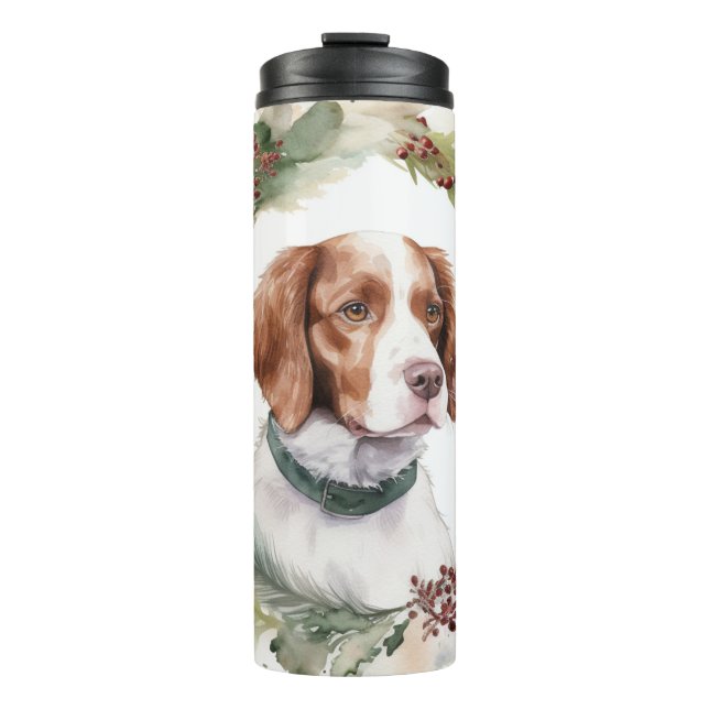 Brittany Spaniel Christmas Wreath Festive Pup Thermal Tumbler (Front)