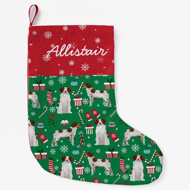 Brittany Spaniel Dog Custom Name Small Christmas Stocking (Front)
