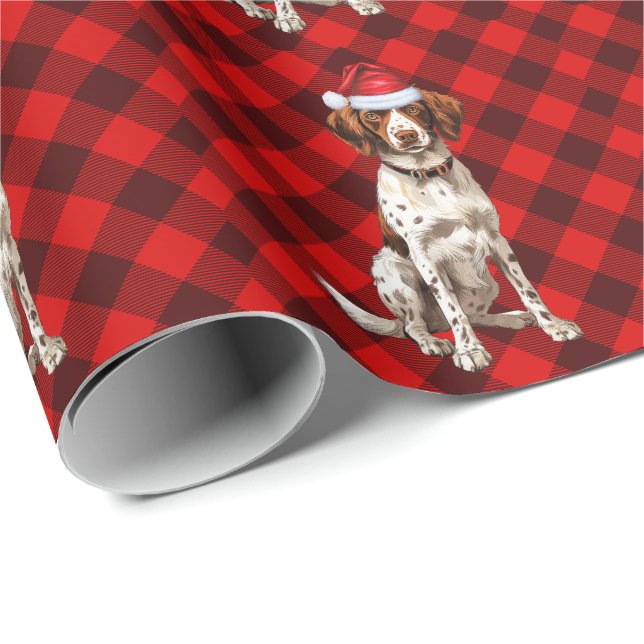 Brittany Spaniel Dog Funny Holiday Plaid Christmas Wrapping Paper (Roll Corner)
