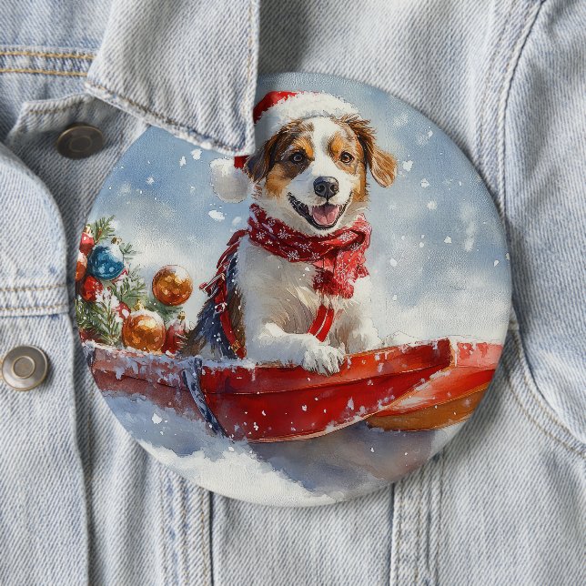 Brittany Spaniel Dog in Sledge Christmas 6 Cm Round Badge (In Situ)