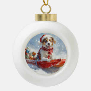Brittany Spaniel Dog in Sledge Christmas Ceramic Ball Christmas Ornament