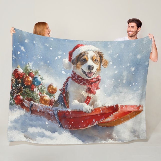 Brittany Spaniel Dog in Sledge Christmas Fleece Blanket (In Situ)