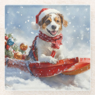 Brittany Spaniel Dog in Sledge Christmas Glass Coaster