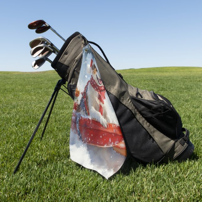 Brittany Spaniel Dog in Sledge Christmas Golf Towel (Green)