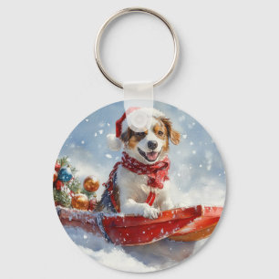 Brittany Spaniel Dog in Sledge Christmas Key Ring