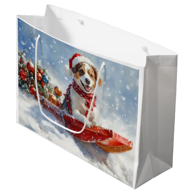 Brittany Spaniel Dog in Sledge Christmas Large Gift Bag (Front Angled)