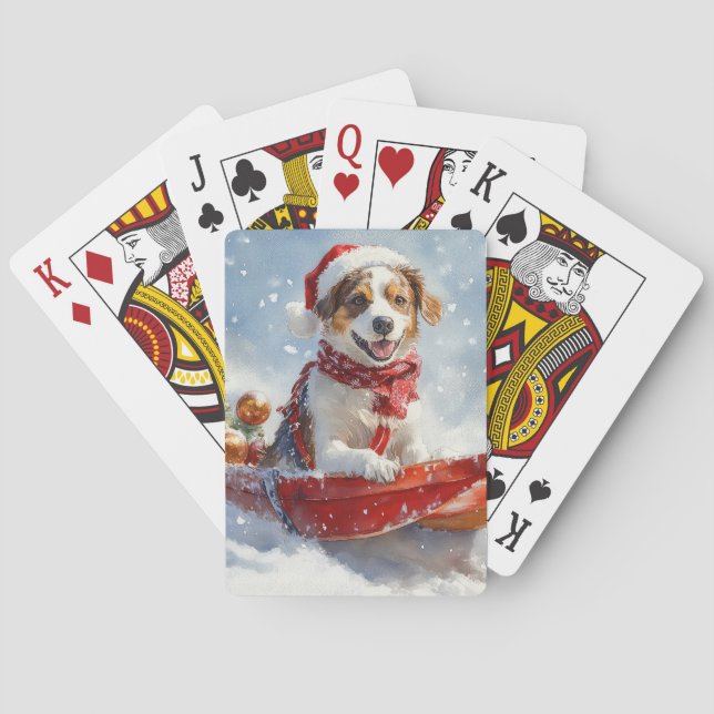 Brittany Spaniel Dog in Sledge Christmas Playing Cards (Back)