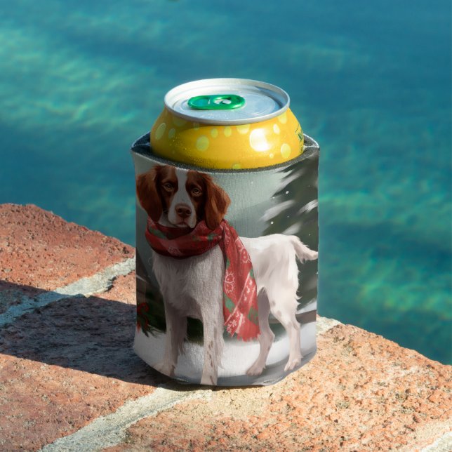 Brittany Spaniel Dog in Snow Christmas Can Cooler (In Situ Pool)