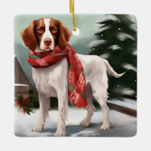 Brittany Spaniel Dog in Snow Christmas Ceramic Ornament